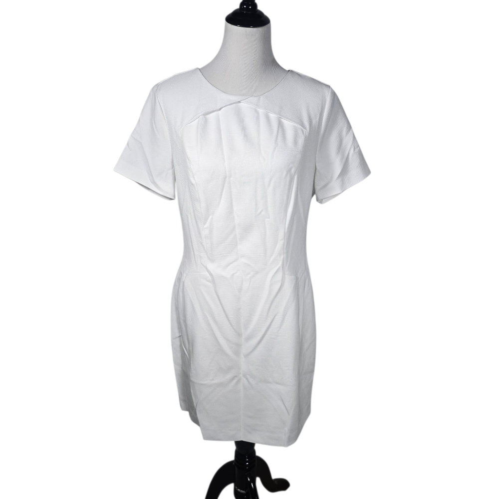 Banana Republic size 12 Twist Neck Sheath White Short Sleeve Knee Length Dress